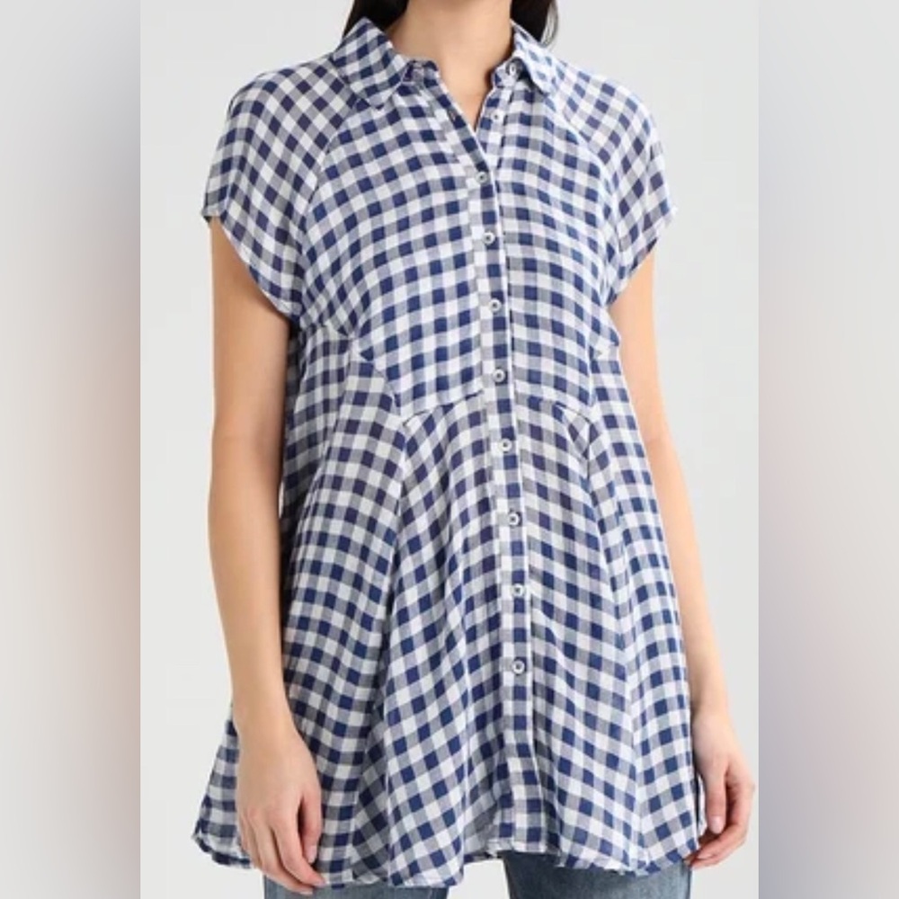 Free People "Spring Love" Gingham Plaid Babydoll Tunic Top Size S
